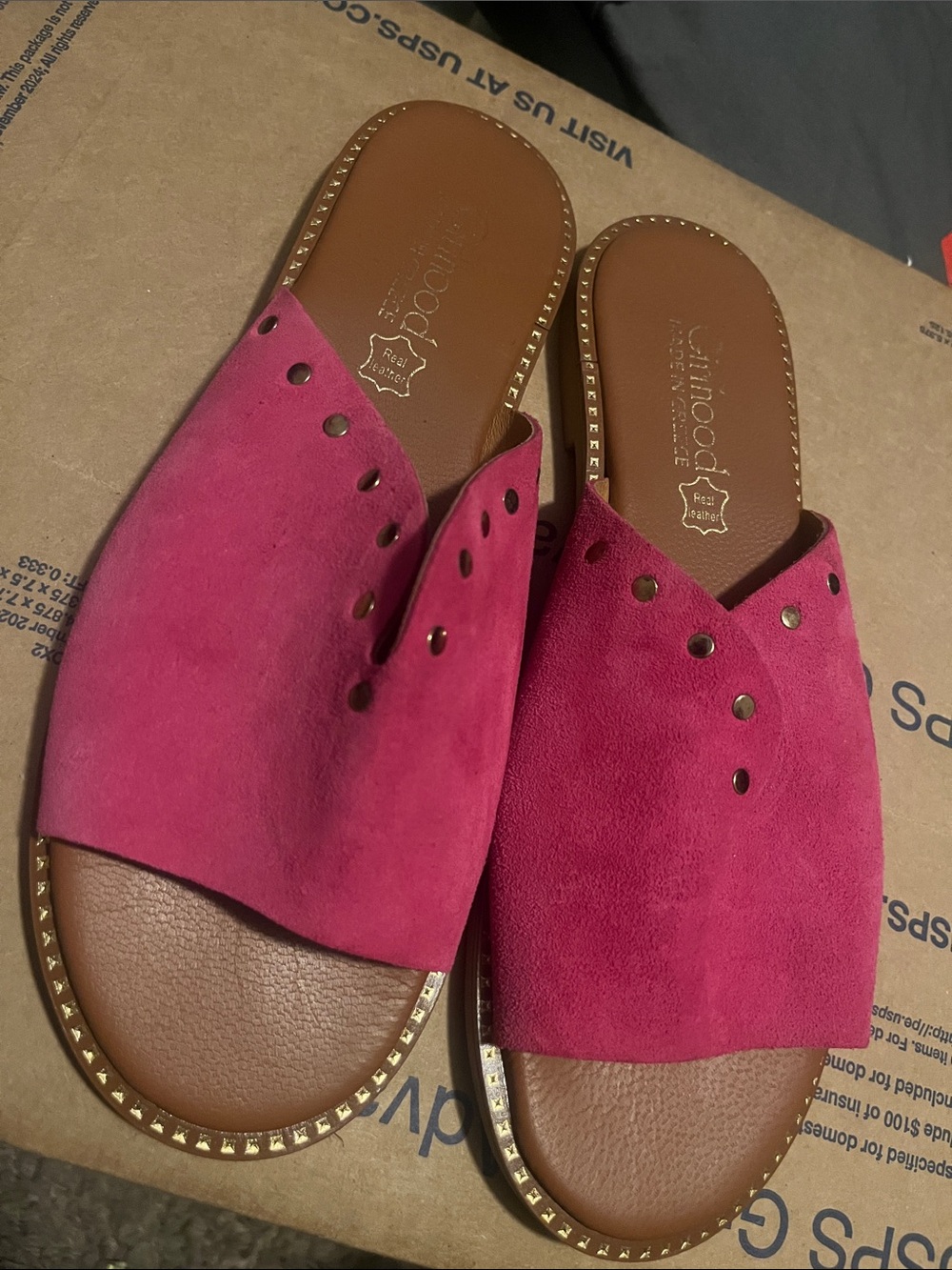 Bright Pink Suede Slide Mules with Studded Trim